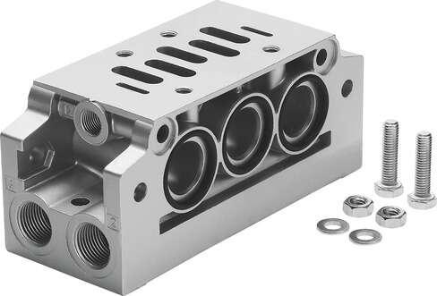 Festo 152792 manifold sub-base with 90° connections NAVW-1/4-NPT-1 With port pattern as per DIN ISO 5599/1, for manifold assembly, connections at side and underneath. Width: 110 mm, Operating pressure: 0 - 16 bar, Operating medium: Compressed air in accordance with IS