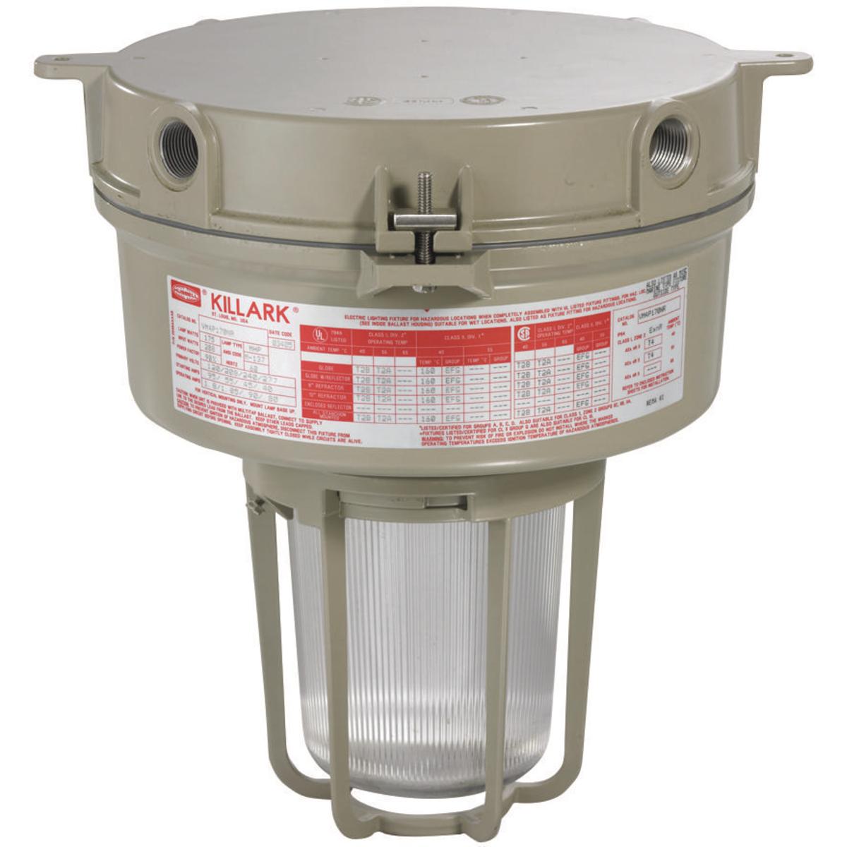 Hubbell VM3S050X2GLG VM3 Series - 50W High Pressure Sodium Quadri-Volt - 3/4" Ceiling Mount - Globe and Guard  ; Ballast tank and splice box – corrosion resistant copper-free aluminum alloy with baked powder epoxy/polyester finish, electrostatically applied for complete, unif