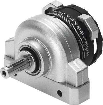 Festo 11910 semi-rotary drive DSR-16-180-P Rotary vane principle, infinitely adjustable swivel angle. The stop system is separate from the rotary vane so that any forces which occur are absorbed by the stop cams and cushioned via flexible plastic pads. Size: 16, Cush