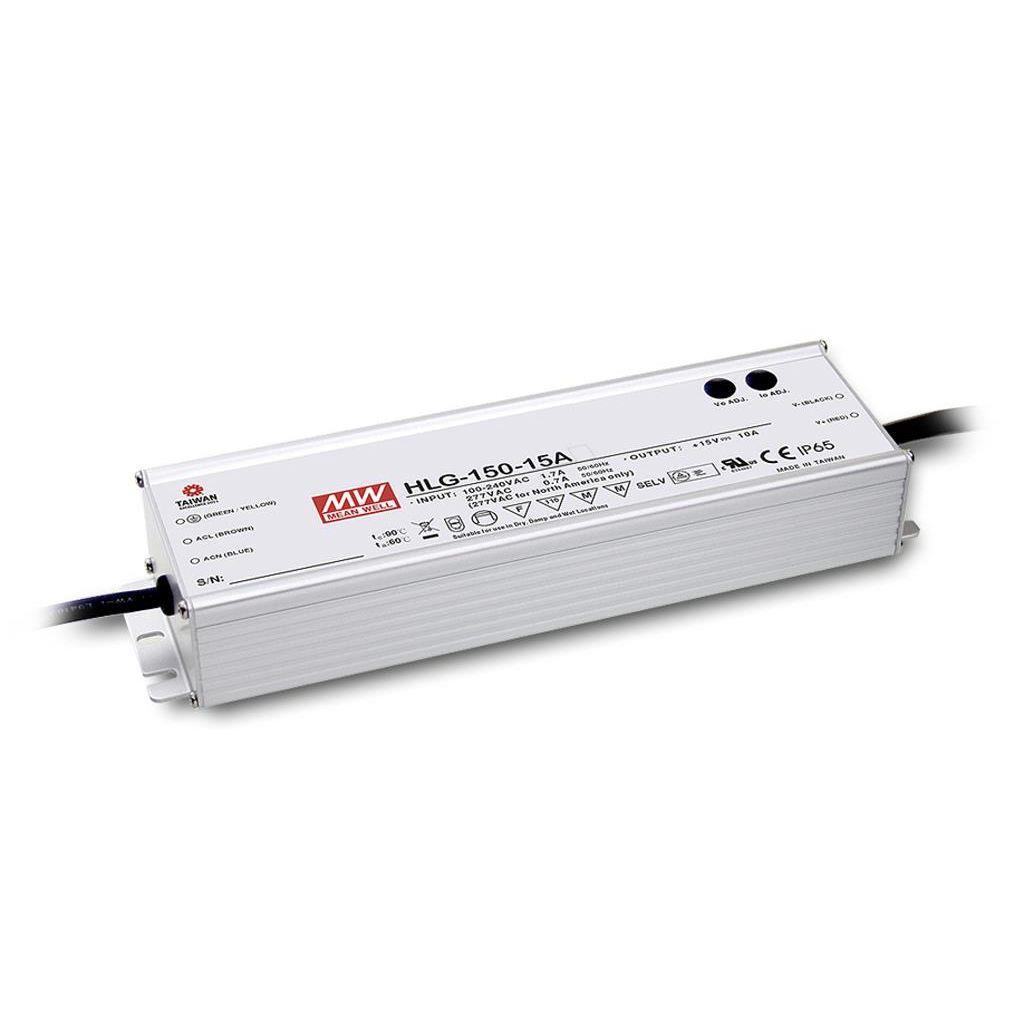 MEAN WELL HLG-150H-15B AC-DC Single output LED driver Mix mode (CV+CC) with built-in PFC; Output 15Vdc at 10A; IP67; Cable output; Dimming with 1-10V PWM resistance
