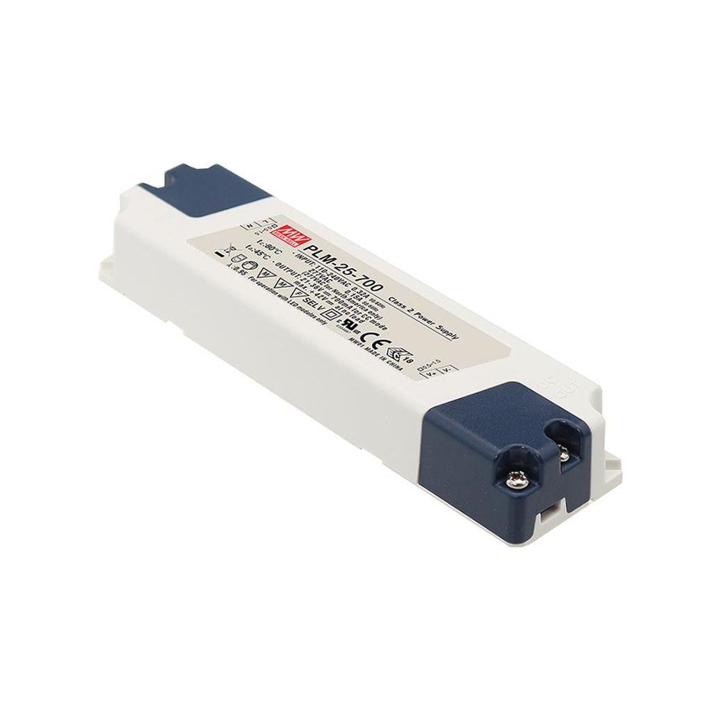 MEAN WELL PLM-25-700 AC-DC Single output LED driver Constant Current (CC); Output 0.7A at 21-36Vdc; Class II; push terminal block connectors at input and output