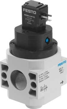 Festo 172961 on-off valve HEE-D-MIDI-230 For service units, without threaded connection plates with FRB threaded pin Design structure: Piston slide, Type of actuation: electrical, Sealing principle: soft, Exhaust-air function: not throttleable, Manual override: detent