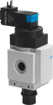 Festo 532118 on-off valve MS6N-EE-1/4-V230-Z Electrical, direction of flow: from right to left. Design structure: Piston slide, Type of actuation: electrical, Exhaust-air function: not throttleable, Manual override: (* detenting, * Pushing), Type of reset: mechanical 