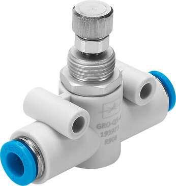 Festo 193971 flow control valve GRO-QS-3 without non-return function Valve function: Throttle function, Pneumatic connection, port  1: QS-3, Pneumatic connection, port  2: QS-3, Adjusting element: Knurled screw, Mounting type: (* Front panel installation, * with throu