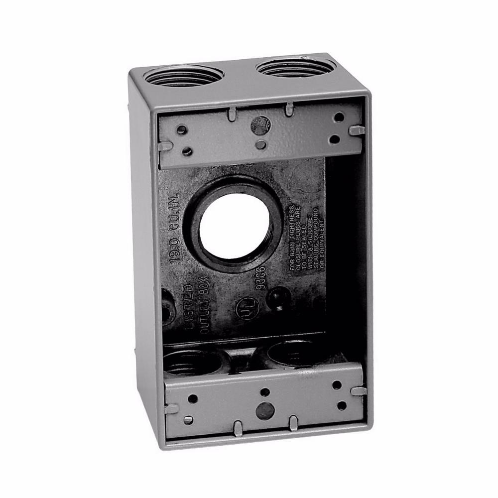 Eaton Corp TP7042 Eaton Crouse-Hinds series weatherproof outlet box, 18.0 cu in, Gray, 2" deep, Die cast aluminum, Single-gang, (5) 1/2" outlet holes, Rectangular, with lugs
