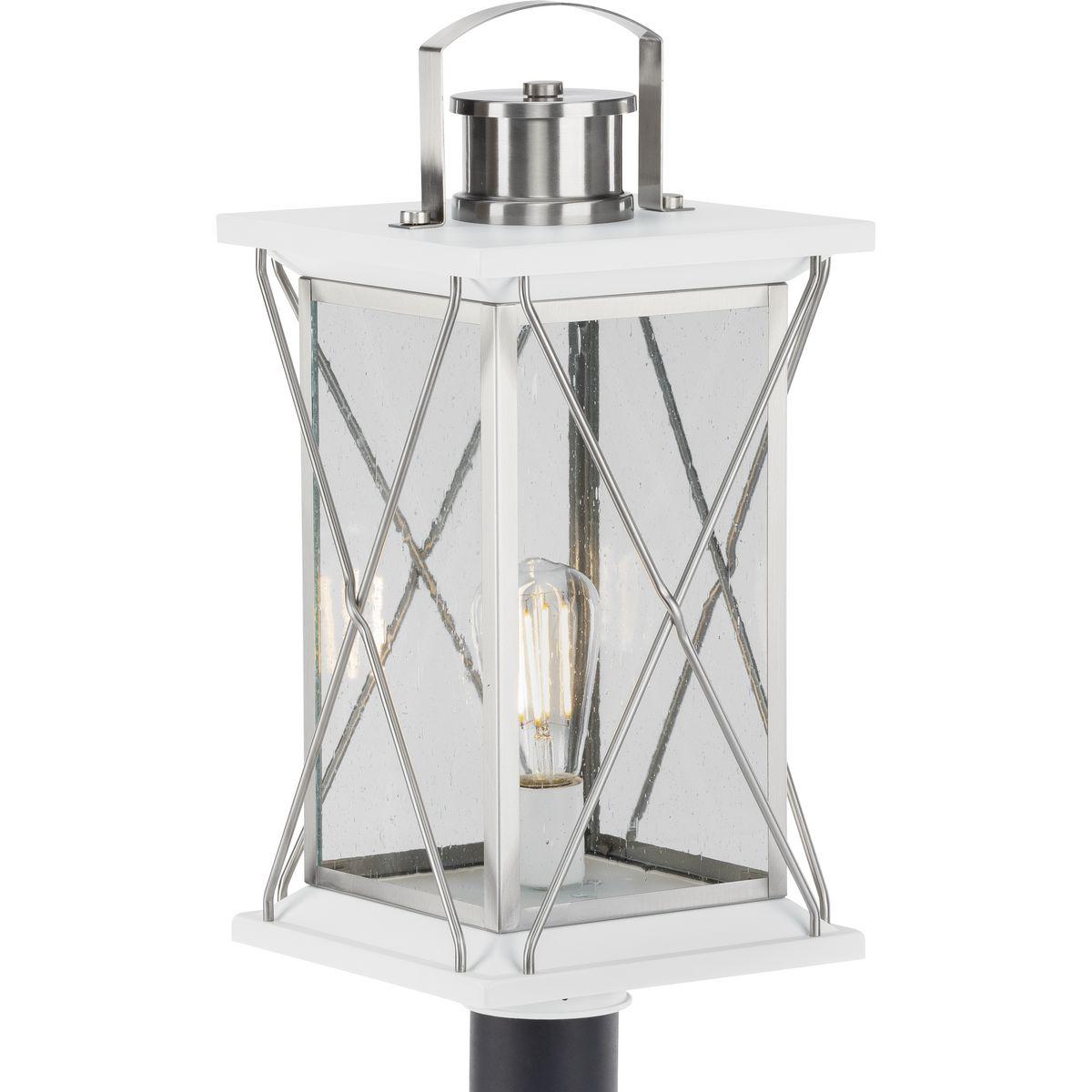 Hubbell P540068-135 Transform your home into a warm and cozy dream with the friendly farmhouse-style of this post lantern. A rustic X-brace design decorates each side of the charming lantern silhouette. Clear seeded glass panes add an extra pop of rustic personality. A stain
