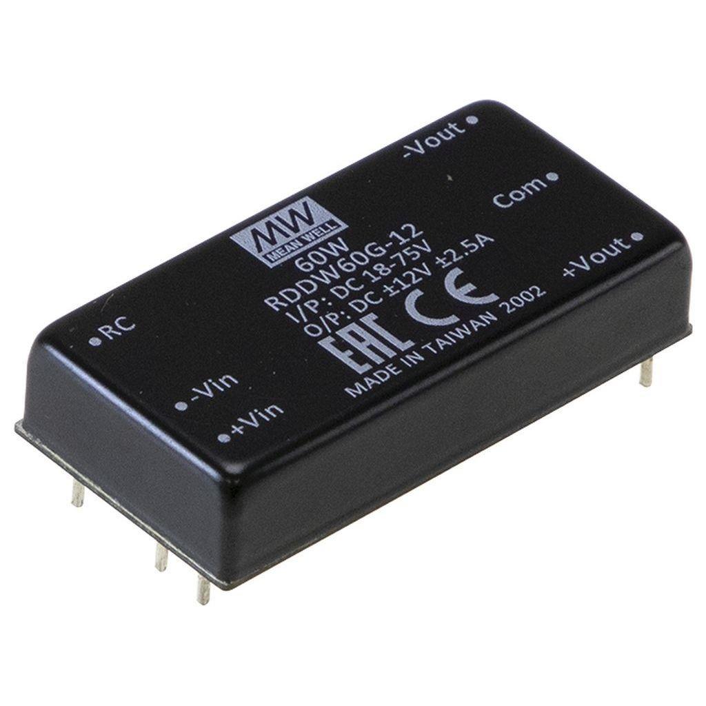 MEAN WELL RDDW60G-15 DC-DC Railway Dual Output Converter; Input 18-75VDC; Output +-15VDC at +-2A; 1.6KVDC I/O isolation; DIP Through hole package; Remote ON/OFF
