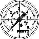 Festo 187078 pressure gauge MA-40-6-R1/4-EN With display unit in bar and psi. Indicating range [bar]: 0 - 6 bar, Conforms to standard: EN 837-1, Nominal size of pressure gauge: 40, Design structure: Bourdon-tube pressure gauge, Mounting type: Line installation