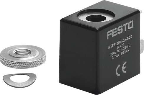 Festo 536934 solenoid coil MSFW-230-50/60-EX With knurled nut and spring washer. Assembly position: Any, Min. pickup time: 10 ms, Duty cycle: 100 %, Power factor cos {phi}: 0,7, Characteristic coil data: 230 V AC: 50/60 Hz, pick-up power 9 VA, holding power 7 VA
