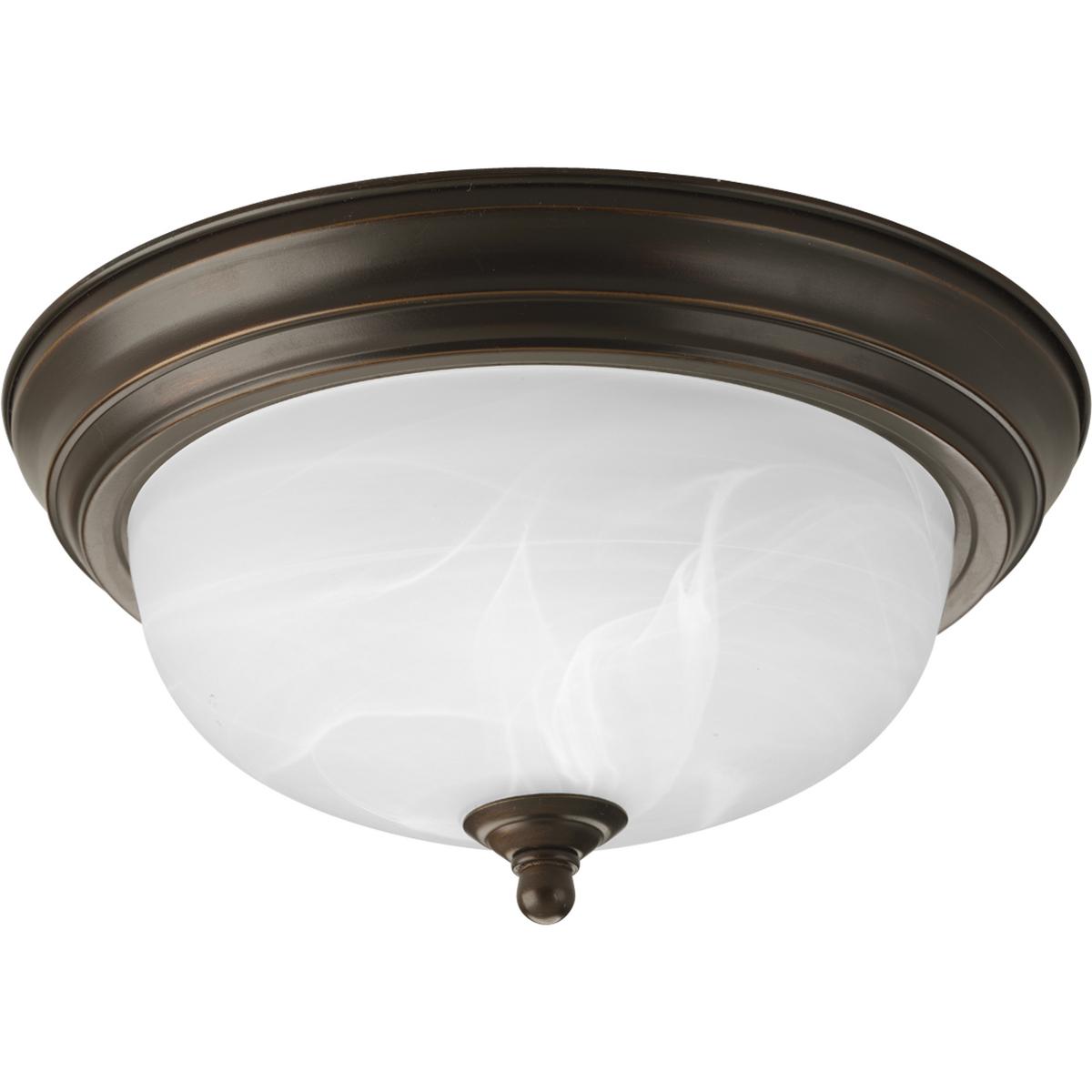 Hubbell P3924-20 One-light 11" flush mount with dome shaped alabaster glass, solid trim and decorative knobs. Center lock-up with matching finial. Antique Bronze finish.  ; Antique Bronze finish. ; Alabaster Glass. ; Decorative details. ; Requires one (1) 60-watt bulbs (n