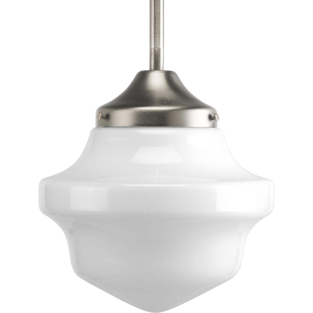 Hubbell P5196-09 One-light mini-pendant with white opal glass and geometric designs working together to give a hint of nostalgia to any decor.  ; Brushed Nickel finish. ; White opal glass. ; Geometric designs. ; Includes two 6", one 12", two 15" stems and 6 links of chain