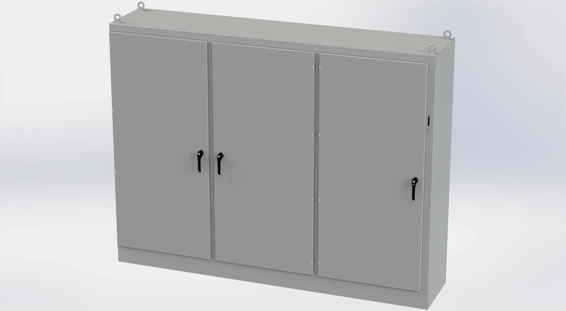 Saginaw Control SCE-90XM3EW24 3DR XM Enclosure, Height:90.00", Width:117.50", Depth:24.00", ANSI-61 gray powder coating inside and out. Sub-panels are powder coated white.