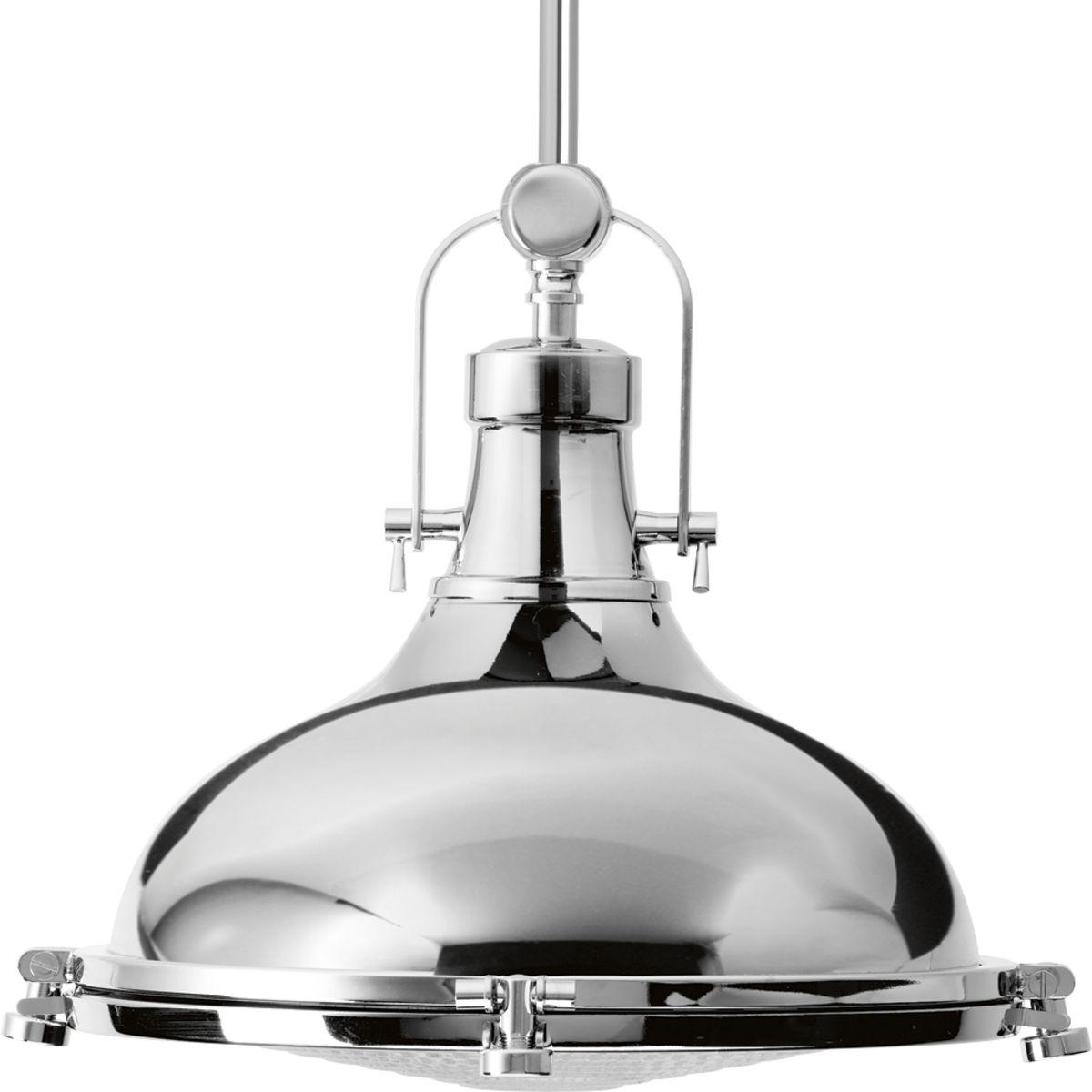 Hubbell P5188-1530K9 The one-light 12" pendant features industrial roots in both form and function. The Polished Chrome finish highlight the high-quality prismatic glass which adds to the historical aesthetic. Antique style fixture includes a hinge-locking nautical design. Pe