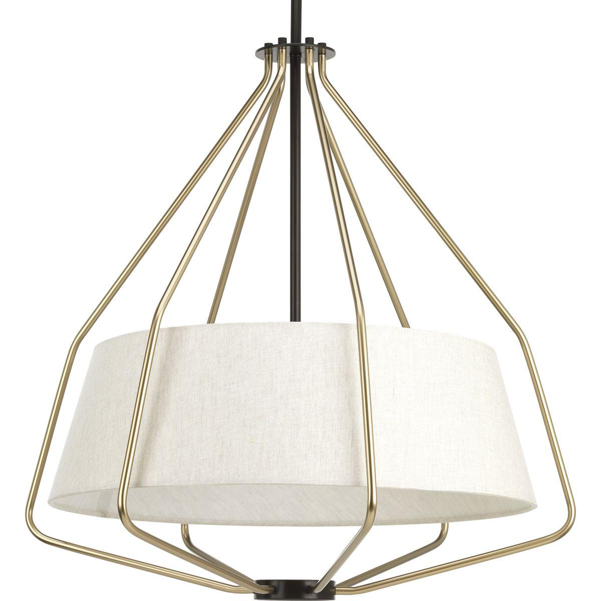 Hubbell P500117-020 The three-light pendant in the Hangar collection is a fun, light and airy piece - perfect for both casual and modern homes. A sophisticated, statement-making frame occupies a large visual space. Modern wire basket forms are finished in Antique Bronze and 