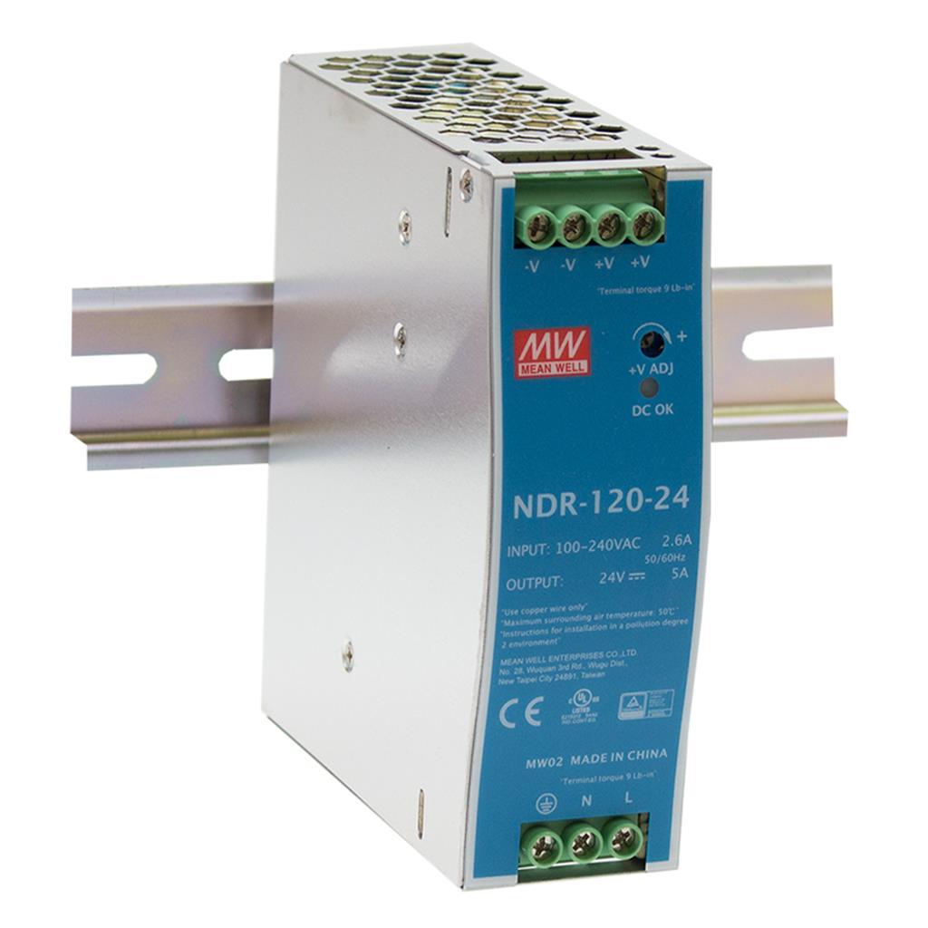 MEAN WELL NDR-120-12 AC-DC Single output Industrial DIN rail power supply; Output 12Vdc at 10A; metal case