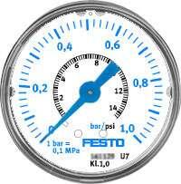 Festo 161126 precision pressure gauge MAP-40-1-1/8-EN With display unit in bar and psi. Indicating range [bar]: 0 - 1 bar, Conforms to standard: EN 837-1, Nominal size of pressure gauge: 40, Design structure: Bourdon-tube pressure gauge, Mounting type: Line installati