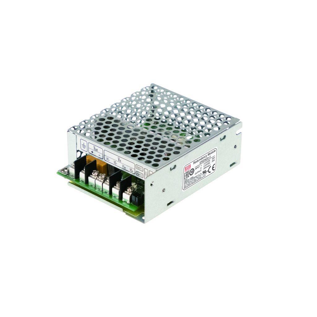 MEAN WELL ERDN20-48 20A Enclosed Redundancy Module to improve overall system operation reliability; Support 1+1 and N+1 redundancy system; 2 channels input and 1 output; DC OK; Input 48Vdc