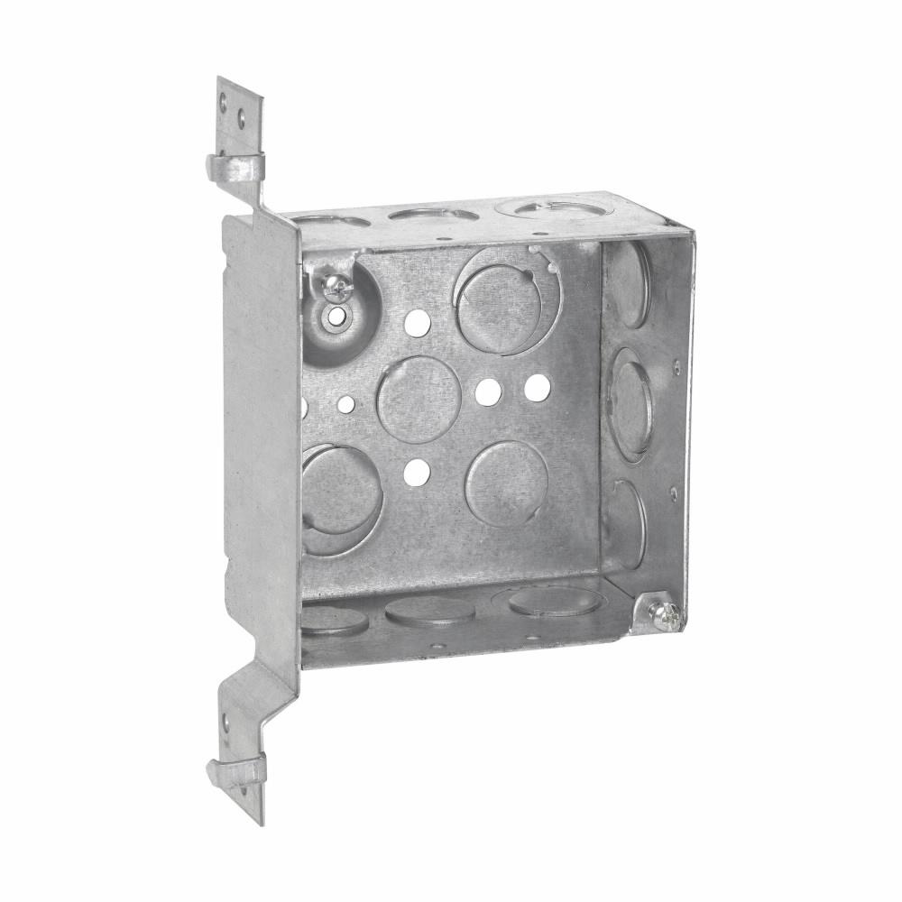 Eaton Corp TP437 Eaton Crouse-Hinds series Square Outlet Box, (2) 1/2", (2) 1/2", (1) 3/4" E, 4", Conduit (no clamps), Welded, 2-1/8", Steel, (6) 1/2", (3) 1/2", (1) 3/4" E, 30.3 cubic inch capacity