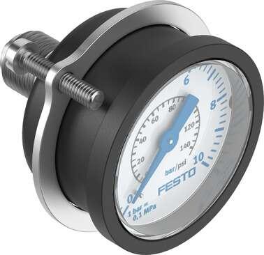 Festo 159602 flanged pressure gauge FMA-63-10-1/4-EN With display unit in bar and psi. Indicating range [bar]: 0 - 10 bar, Conforms to standard: EN 837-1, Nominal size of pressure gauge: 63, Design structure: Bourdon-tube pressure gauge, Mounting type: Front panel ins