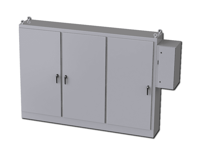 Saginaw Control SCE-84XD3EW18 3DR XD Enclosure, Height:84.00", Width:117.50", Depth:18.00", ANSI-61 gray powder coating inside and out. Sub-panels are powder coated white.