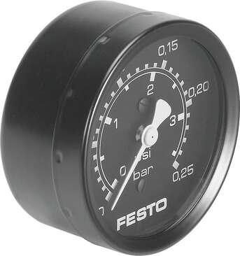 Festo 7169 pressure gauge MA-63-0,25 With display unit in bar and psi. Indicating range [bar]: 0 - 0,25 bar, Indicating range [psi]: 0 - 3,6 psi, Conforms to standard: DIN EN 837-3, Nominal size of pressure gauge: 63, Mounting type: Line installation