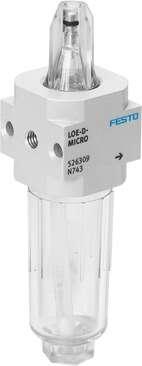 Festo 526314 lubricator LOE-QS6-D-MICRO Connection plate with push-in connector Size: Micro, Series: D, Assembly position: Vertical +/- 5°, Design structure: proportional standard mist lubricator, Max. oil capacity: 6,5 cm3