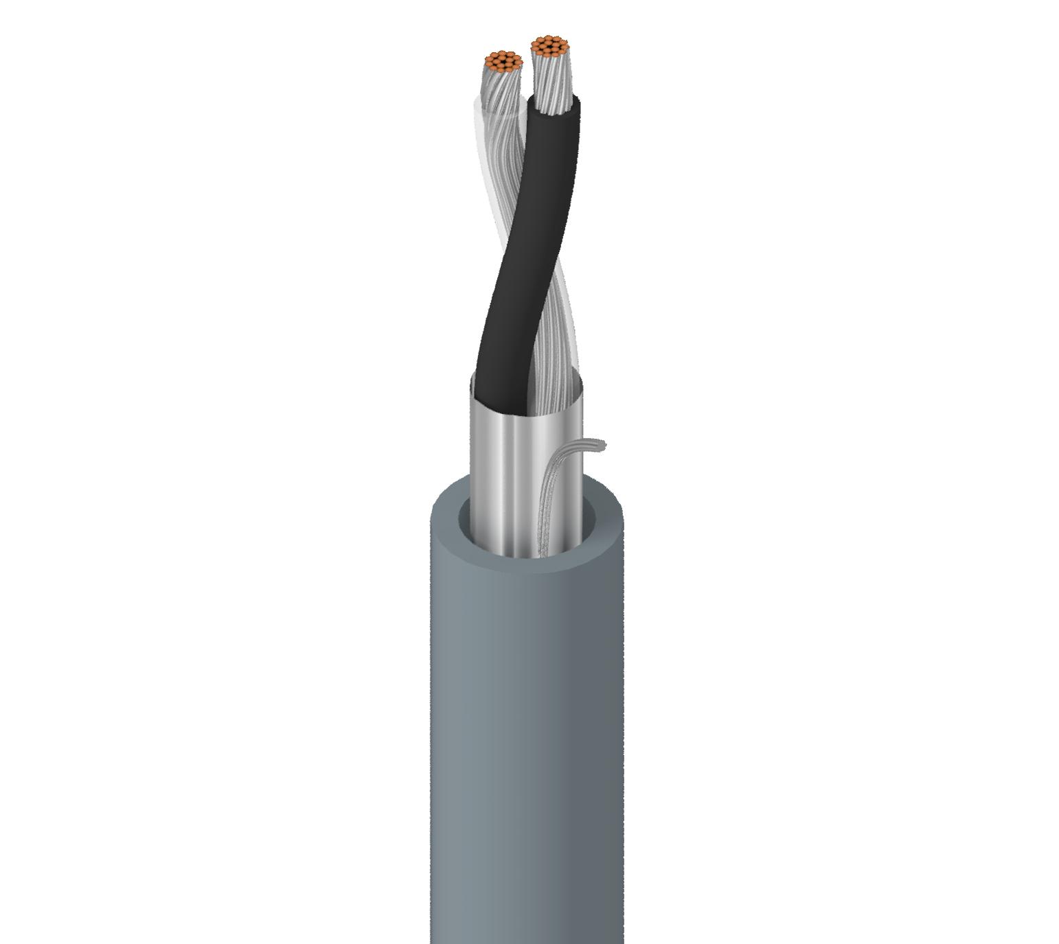 Belden 8760 18 AWG stranded cable, (16x30) tinned copper conductors, polyethylene insulation, twisted pair, overall Beldfoil® shield (100% coverage), 20 AWG stranded tinned copper drain wire, PVC jacket.