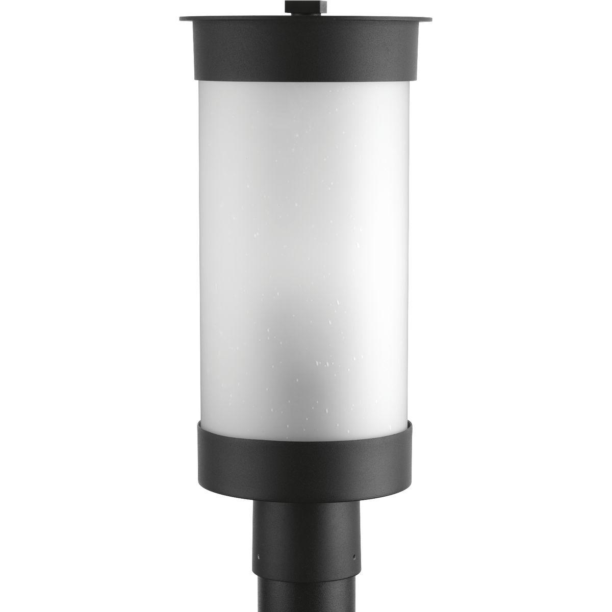 Hubbell P5413-31 The Hawthorn outdoor lantern collection takes a modern approach to the popular Prairie design style. Two-light cast aluminum post in a Black finish with etched seeded glass.  ; Takes a modern approach to the popular Prairie design style. ; Black finish. ;