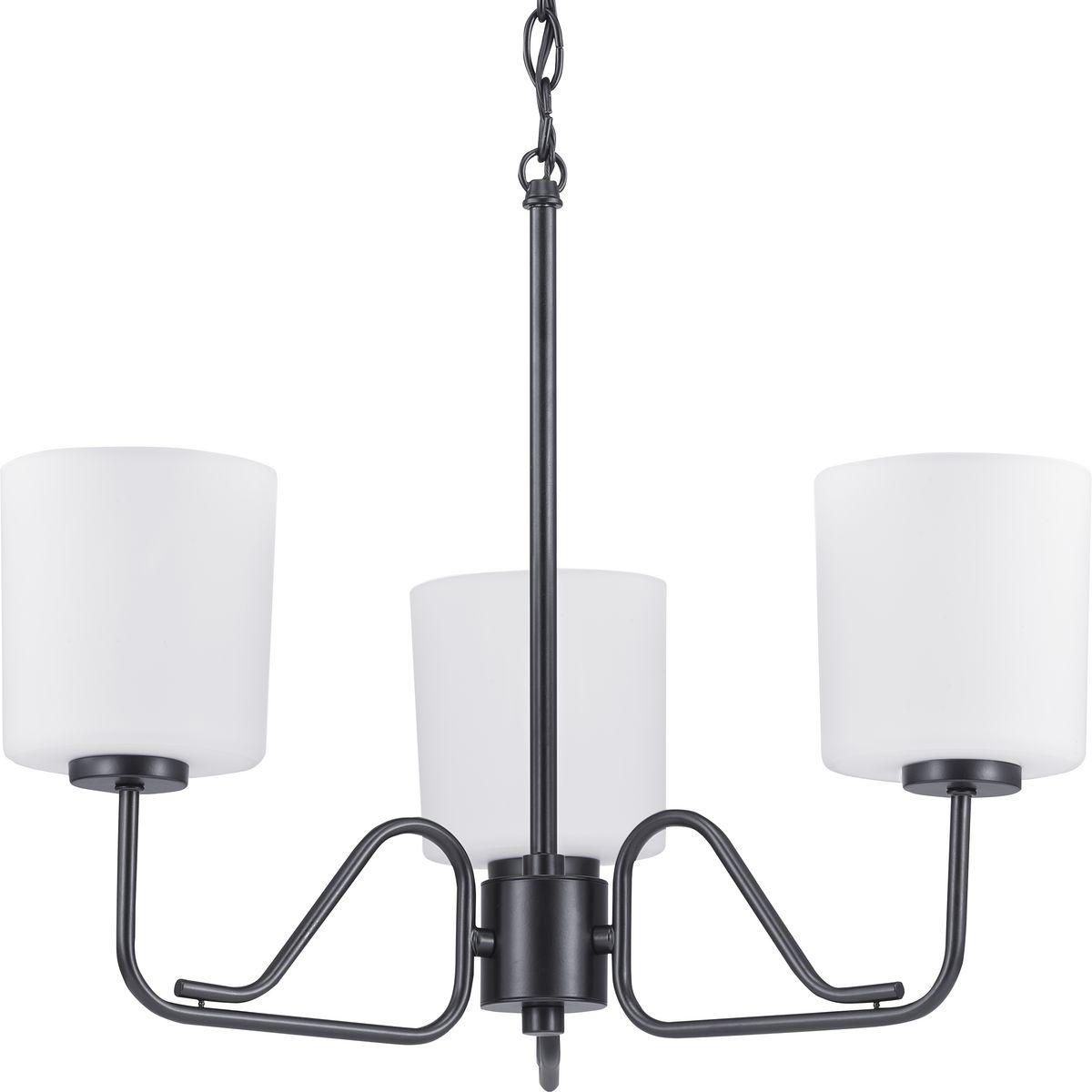 Hubbell P400181-031 A modern take on a classic object, Tobin’s inspiration comes from the timeless mid-century forms. The tubular arms of the three-light chandelier extend outward and are made to form a gentle curve that showcase an etched white glass shade and finished in B