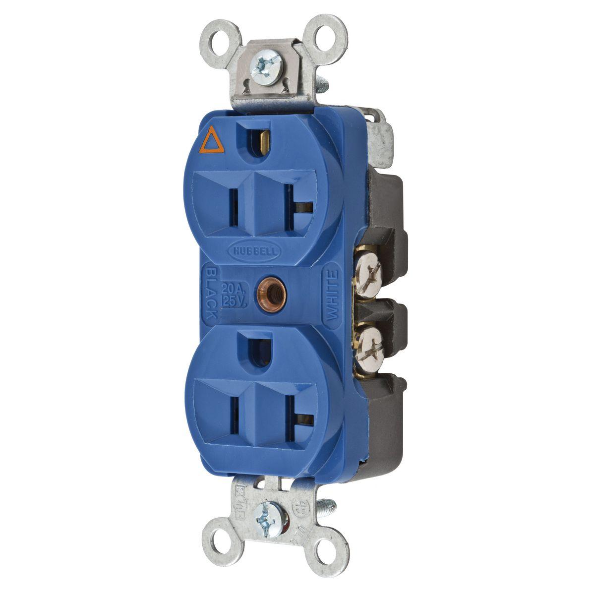 Hubbell CR5352IGBL Straight Blade Devices, Receptacles, Duplex, Hubbell-Pro Heavy Duty, 2-Pole 3-Wire Grounding, 20A 125V, 5-20R, Blue, Single Pack, Isolated Ground.  ; Triangle marking on face indicates isolated ground ; Slender/compact design ; Finder Groove Face ; Isolat