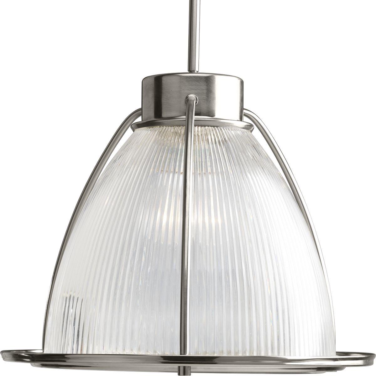 Hubbell P5183-09 One-light 16" pendant with prismatic glass shade for a sleek industrial look. Clear prismatic glass is highlighted with brushed nickel accents.  ; Brushed Nickel finish. ; Bold and striking Prismatic Glass shade. ; A sleek industrial look. ; Includes two 