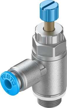 Festo 197580 one-way flow control valve GRLA-1/8-QS-4-RS-D With knurled screw and lock nut Valve function: One-way flow control function for exhaust air, Pneumatic connection, port  1: QS-4, Pneumatic connection, port  2: G1/8, Adjusting element: Knurled screw, Mounti