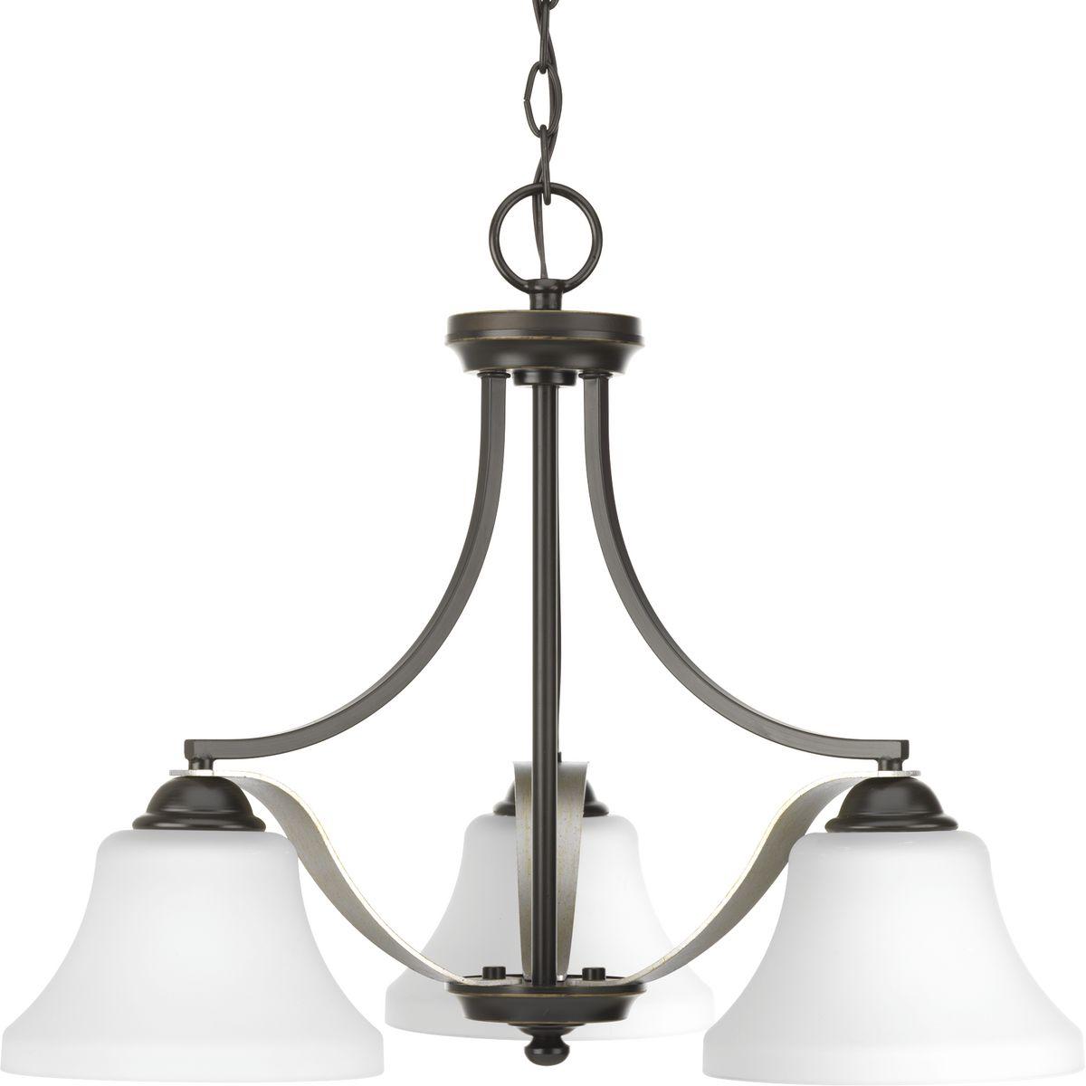 Hubbell P400011-020 Mixed finishes of Antique Bronze with Champagne accents are highlighted in Noma. Soft angles and curving lines created from flat metal straps elegantly frame etched white glass shades. The three-light chandelier is part of our Design Series collections.  