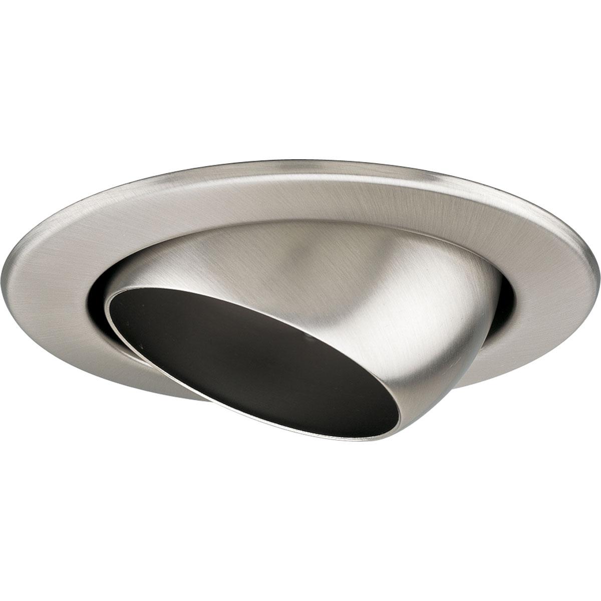 Hubbell P8046-09 4" Eyeball Trim in a Brushed Nickel finish with unpainted flanges to match the baffle finish. 360 positioning, tilt 20. 5" outside diameter.  ; Brushed Nickel finish. ; Matching flange. ; No light leaks around trim flange.