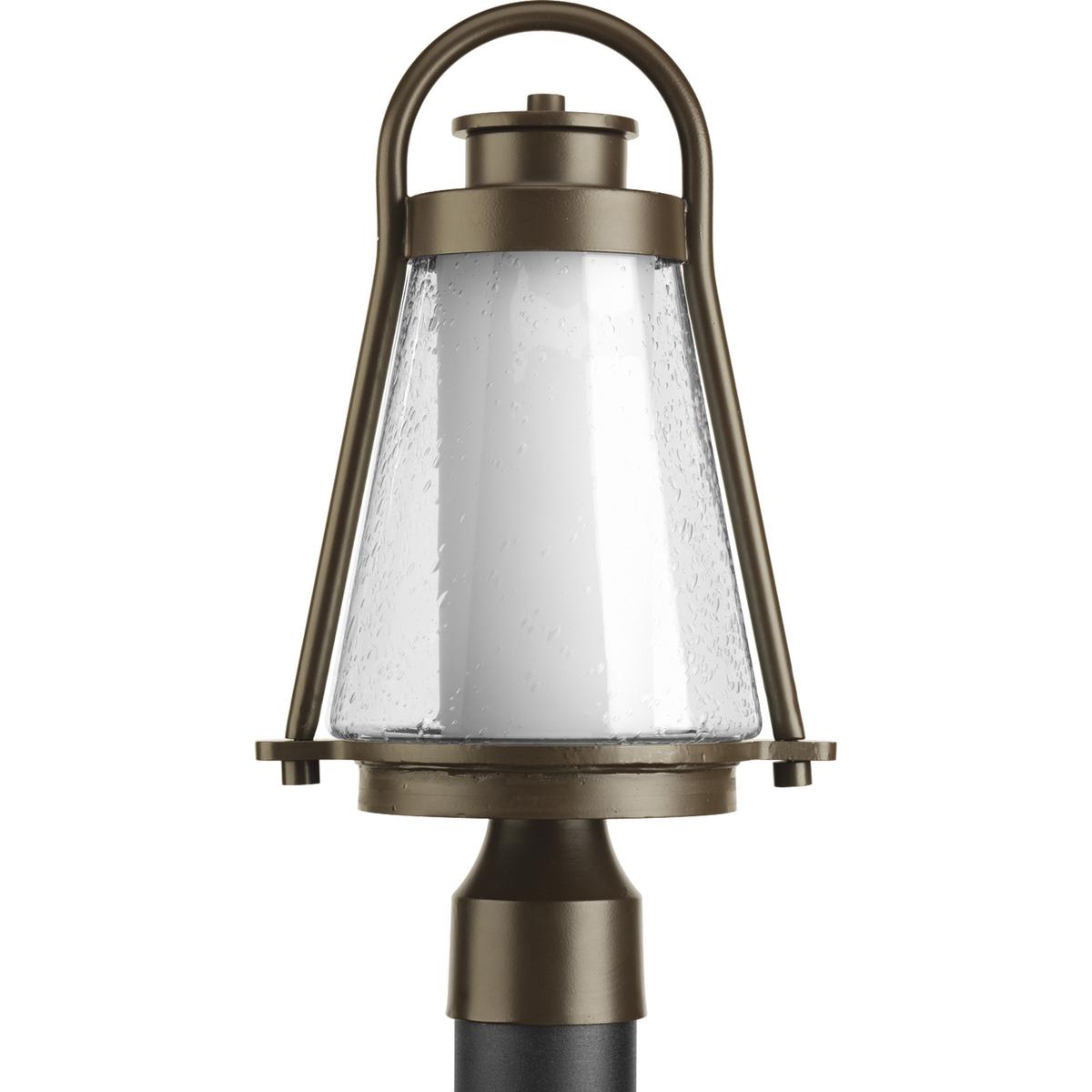 Hubbell P6405-20 Updated coastal styling meets contemporary design. Exterior clear seeded glass with etched opal tubular glass inside. Aluminum and steel construction with durable power coat finish. One-light medium post lantern.  ; Antique Bronze finish ; Exterior clear 