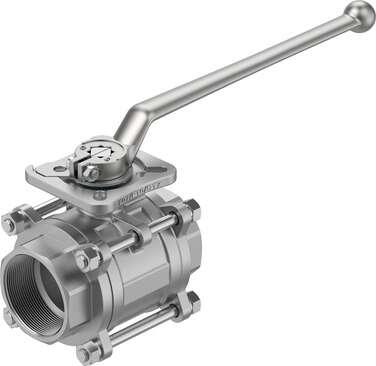 Festo 8096671 ball valve VZBE-21/2-T-63-T-2-F0710-M-V15V16 Design structure: 2-way ball valve, Type of actuation: mechanical, Sealing principle: soft, Assembly position: Any, Mounting type: Line installation