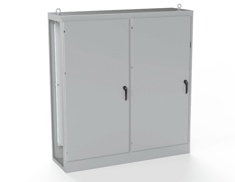 Saginaw Control SCE-MOD84X7824 2DR MOD Enclosure, Height:84.00", Width:77.75", Depth:24.00", ANSI-61 gray powder coating inside and out. Sub-panels are powder coated white.