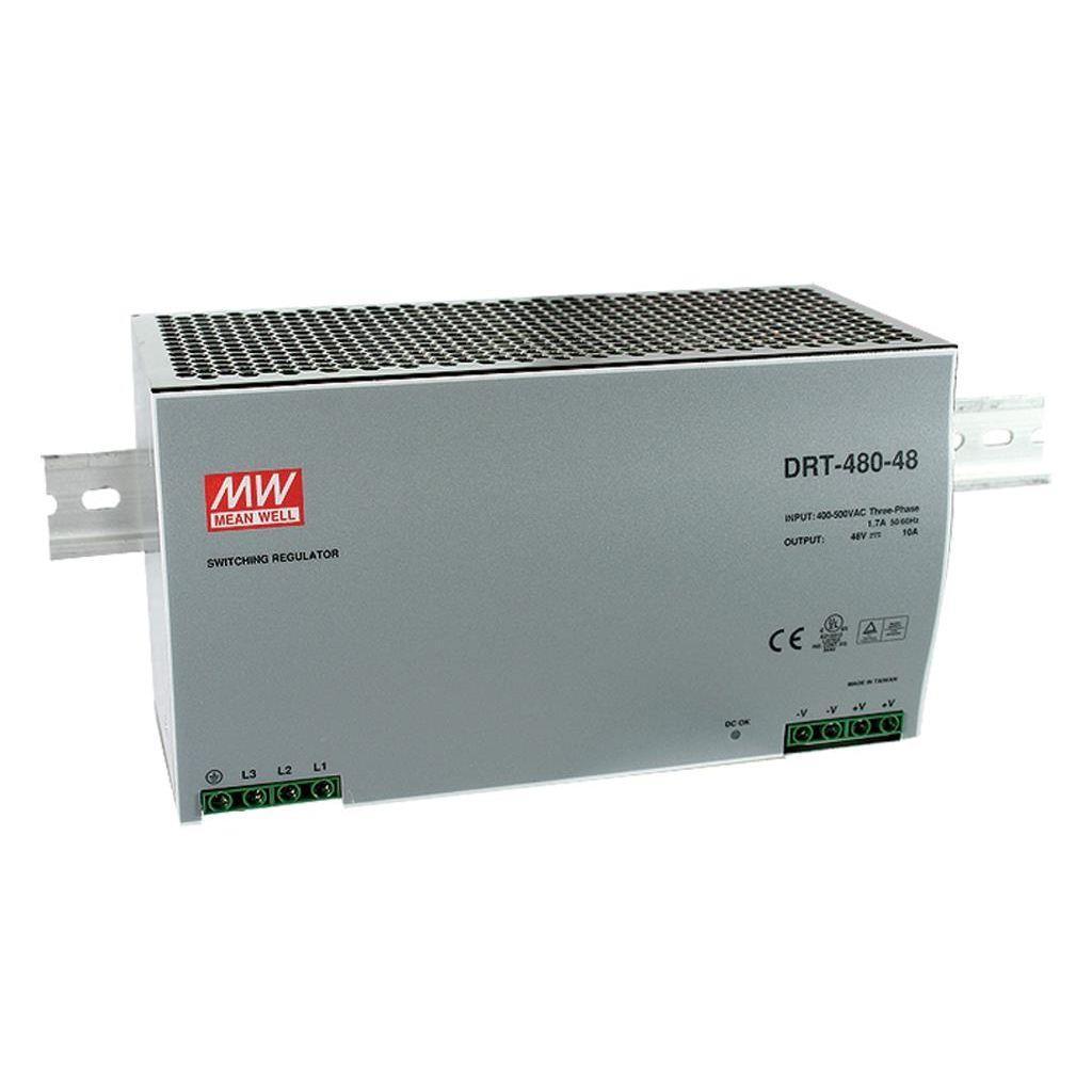MEAN WELL DRT-480-24 AC-DC Industrial DIN rail power supply; Output 24Vdc at 20A; metal case; 3-phase input; DRT-480-24 is succeeded by TDR-480-24.