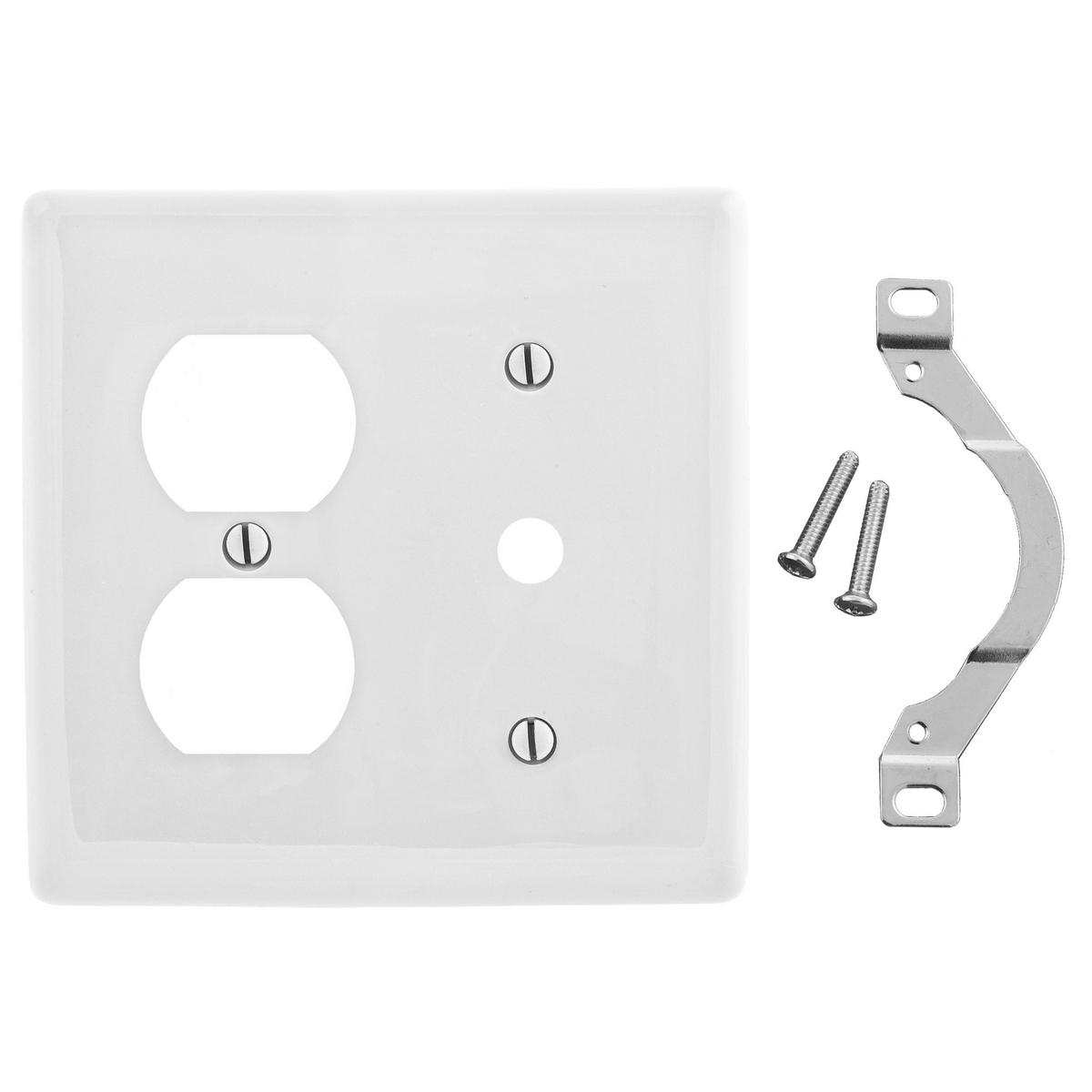 Hubbell NP128W Wallplates, Nylon, 2-Gang, 1) Duplex, 1).406" Opening, White  ; Reinforcement ribs for extra strength ; High-impact, self-extinguishing nylon material ; Captive screw feature holds mounting screw in place ; Standard Size is 1/8" larger to give you extra c