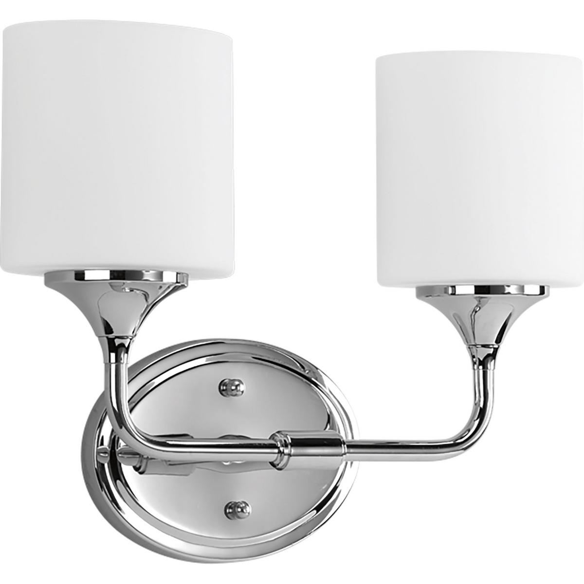 Hubbell P2802-15 With a youthful, yet timeless flair, the Lynzie Collection brightens your day with its simplicity. This two-light bath fixture with etched, white, oval shaped glass shades held upright by delicate classic Chrome finished arms portray the simple styling. A