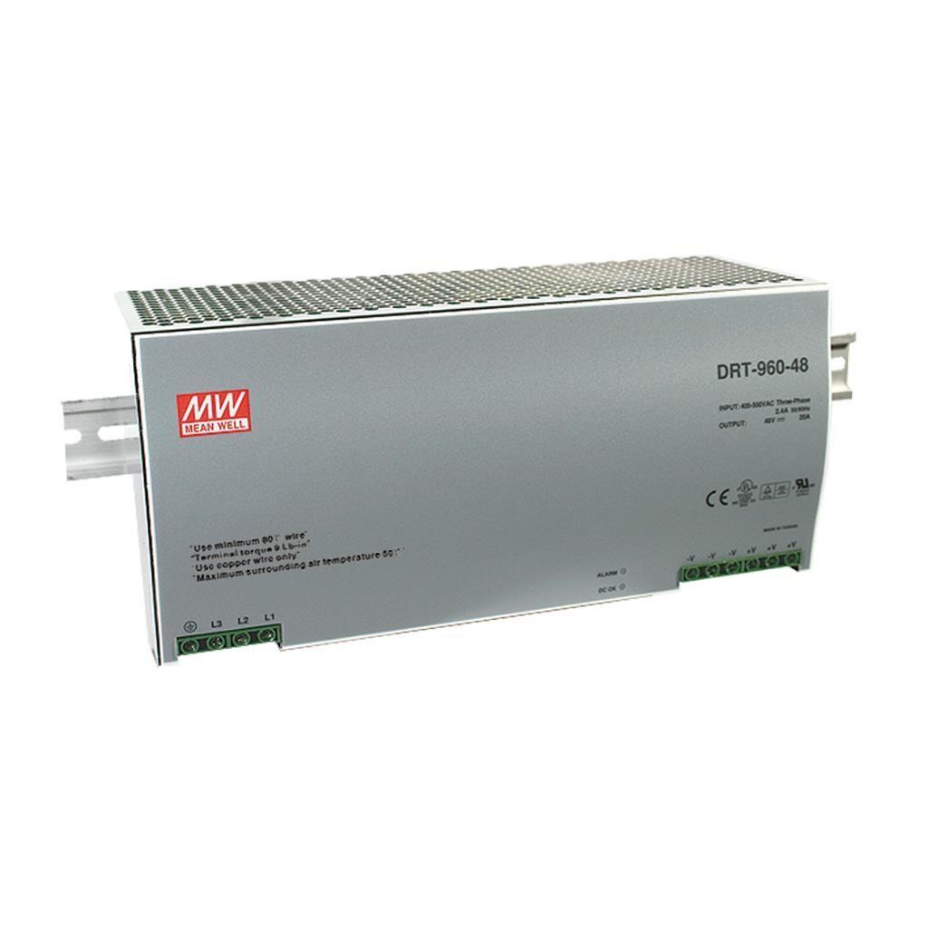 MEAN WELL DRT-960-48 AC-DC Industrial DIN rail power supply; Output 48Vdc at 20A; metal case; 3-phase input; DRT-960-48 is succeeded by TDR-960-48.