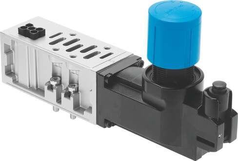 Festo 546084 regulator plate VABF-S2-1-R1C2-C-10 For valve terminal VTSA, standard port pattern to 5599-2, up to max. 10 bar. Width: 42 mm, Based on the standard: ISO 5599-2, Assembly position: Any, Pneumatic vertical stacking: Pressure regulator for 1, Controller fun