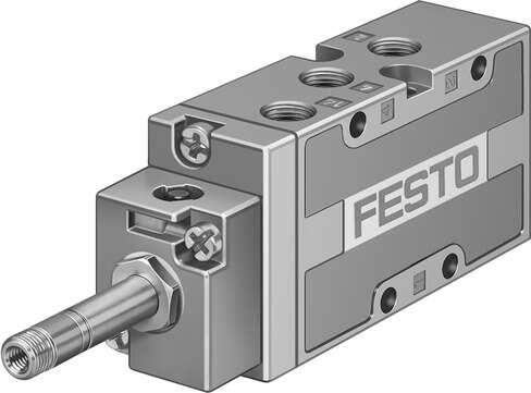 Festo 19758 solenoid valve MFH-5-1/8-B With manual override, without solenoid coil or socket. Solenoid coil and socket should be ordered separately. Valve function: 5/2 monostable, Type of actuation: electrical, Width: 26 mm, Standard nominal flow rate: 750 l/min, Op