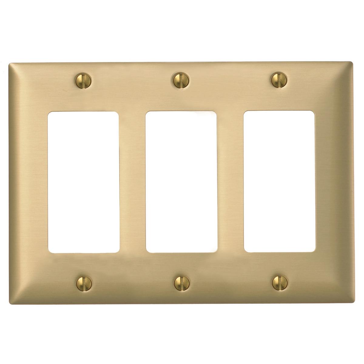Hubbell SBP263 Wallplates and Boxes, Metallic Plates, 3- Gang, 3) Decorator Openings, Standard Size, Brass Plated Steel  ; Provides a plush appearance with the durability of metal ; Finish is lacquer coated to inhibit oxidation ; Protective plastic film helps to prevent