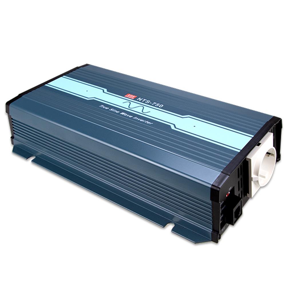 MEAN WELL NTS-750-224EU DC-AC True Sine Wave Inverter 750W; Input 24Vdc; Output 200/220/230/240VAC selectable by DIP switches; remote ON/OFF; Fanless design; AC output socket for Europe