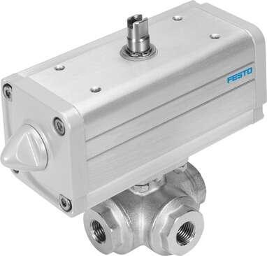 Festo 1915073 ball valve actuator unit VZBA-3/8"-GGG-63-32T-F0304-V4V4T-PP30-R- 3/2-way, flange hole pattern F0304, thread EN 10226-1. Design structure: (* 3-way ball valve, * T hole), Type of actuation: pneumatic, Assembly position: Any, Mounting type: Line installati