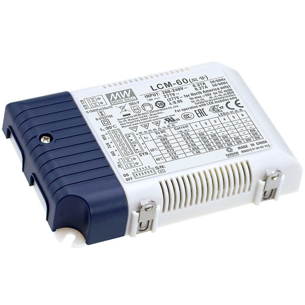 MEAN WELL LCM-60BLE-AUX AC-DC Multi-Stage LED driver Constant Current (CC); Modular output 0.5A/0.6A/0.7A/0.9A/1.05A/1.4A; extra 12Vdc at 50mA; Casambi Bluetooth control protocol and push dimming; Auxiliary DC output