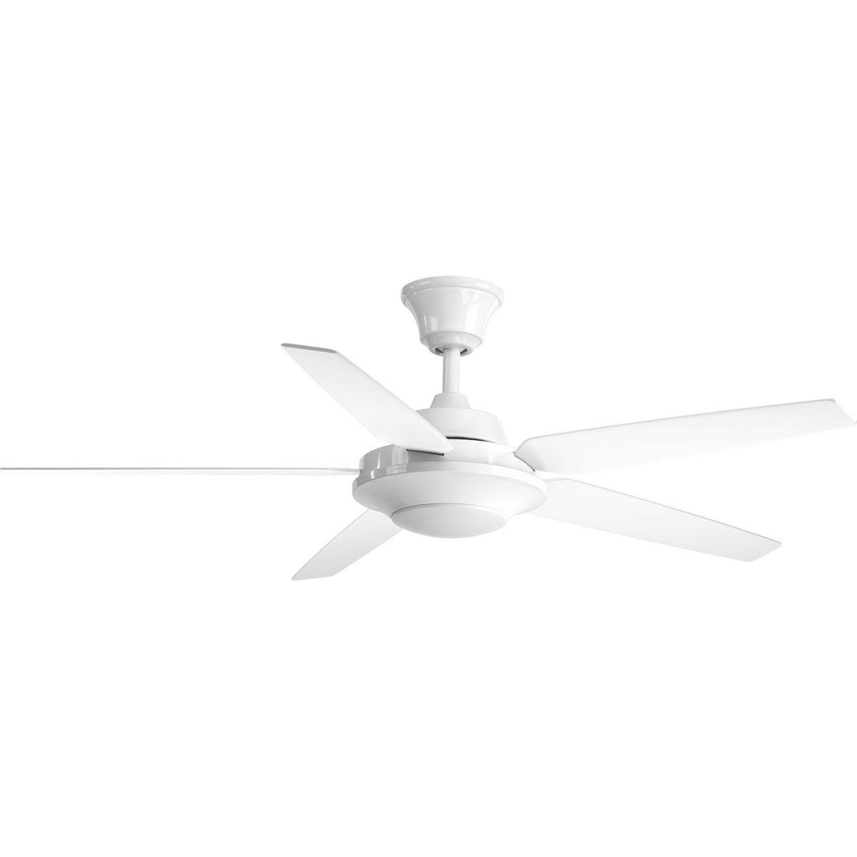 Hubbell P2539-3030K Five-blade 54 inch Signature Plus II ceiling fan with five blades in a white finish. The LED light source, offering both form and function with energy- and cost-savings benefits, contains a white opal shatterproof shade and is comprised of a 17W dimmable 