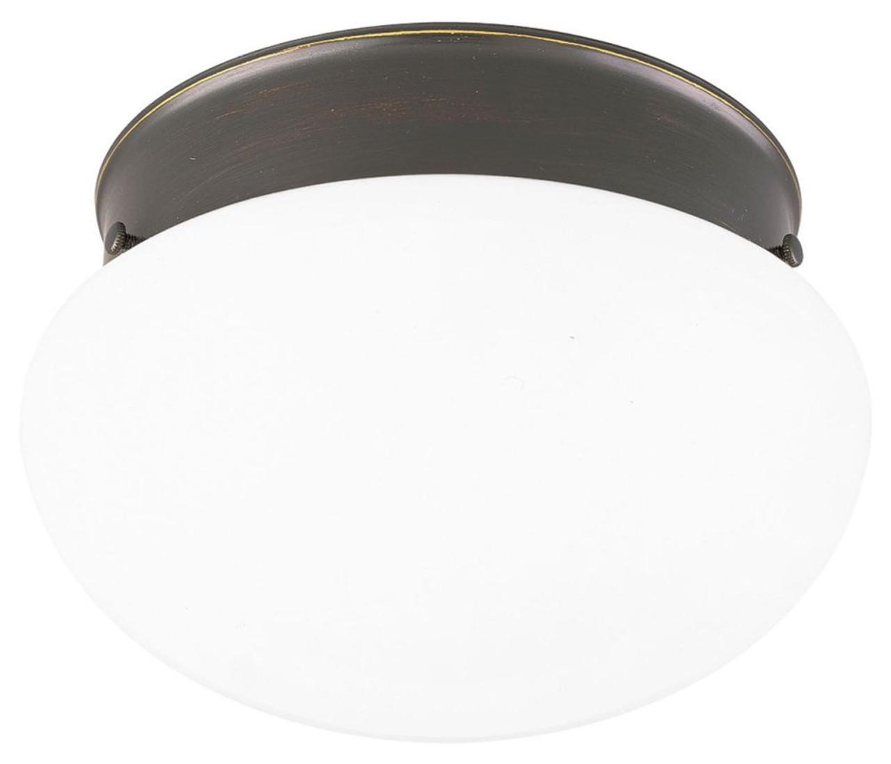 Hubbell P3410-20 A traditional two-light close-to-ceiling fixture featuring a White glass bowl and an Antique Bronze finish. The fixture is ideal in a bathroom setting or hall/foyer.  ; Antique Bronze finish. ; White glass bowl. ; Steel construction. ; Requires two (2) 60
