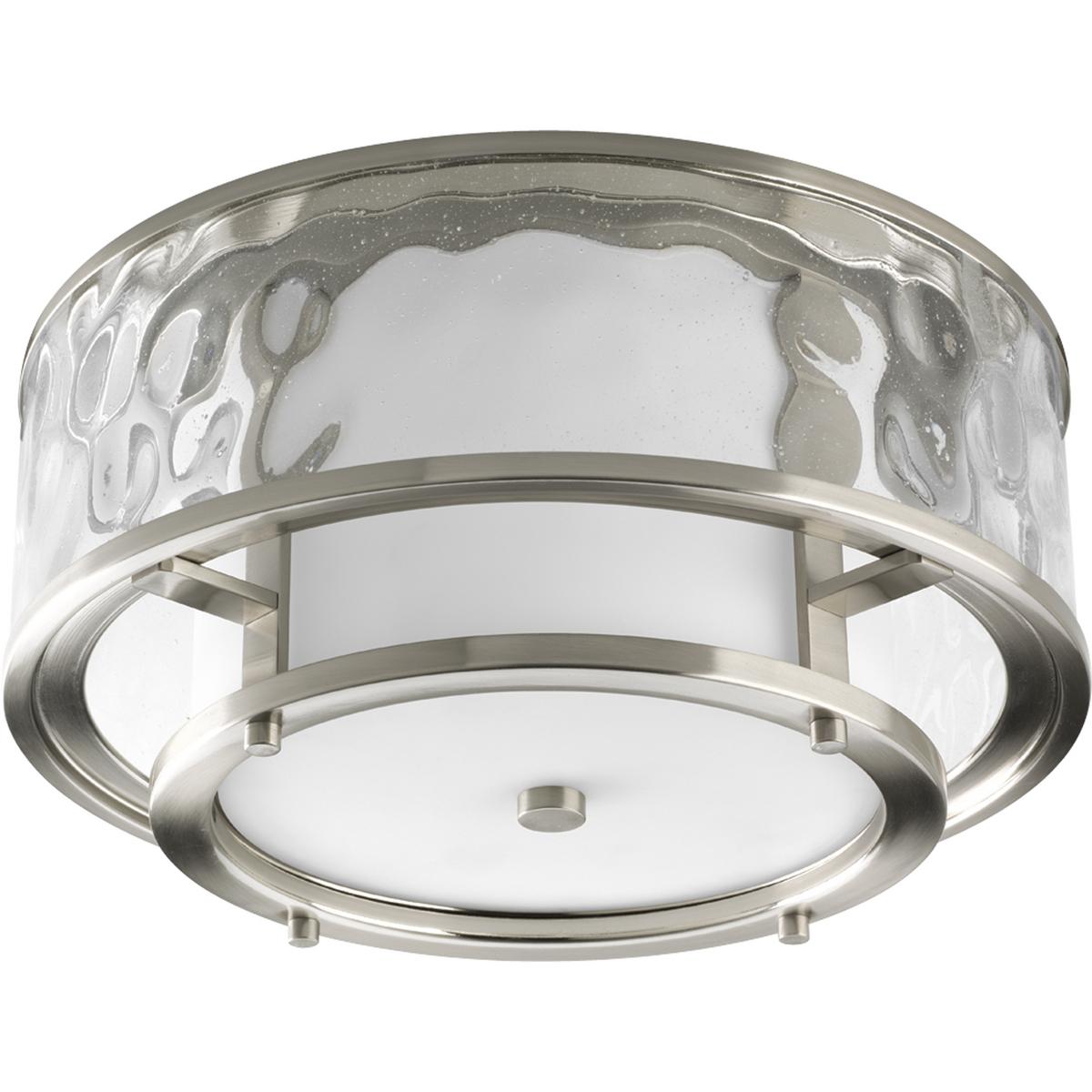 Hubbell P3942-09 Discover the antique nautical antique charm of this Bay Court Collection Two-Light 15” Flush Mount. An etched glass diffuser is surrounded by a water glass gallery for a clean, beautiful, design. This contemporary interpretation of a classic light fixture